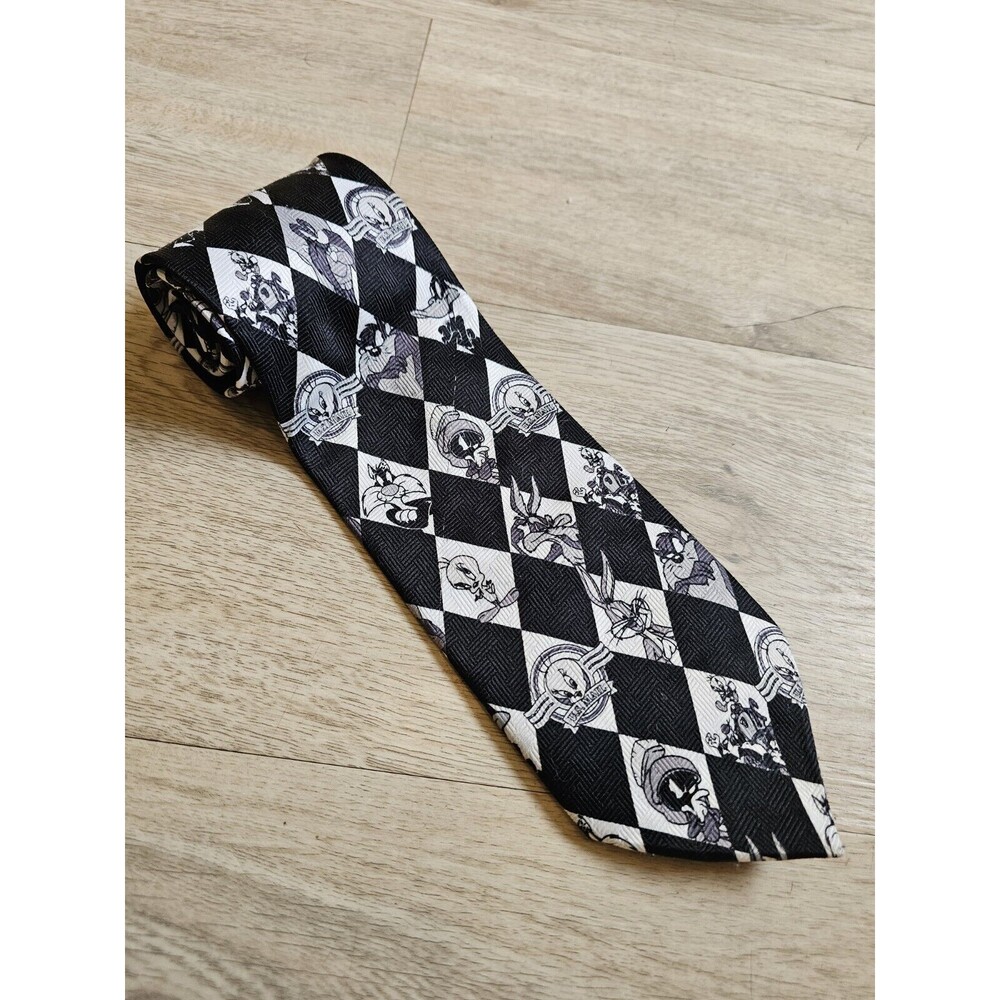 Vintage Looney Tunes Stamp Collection Black & White Tie Polyester Made In USA